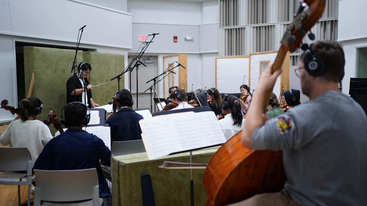 larger image of an orchestra with many instruments and musicians playing, and a conductor